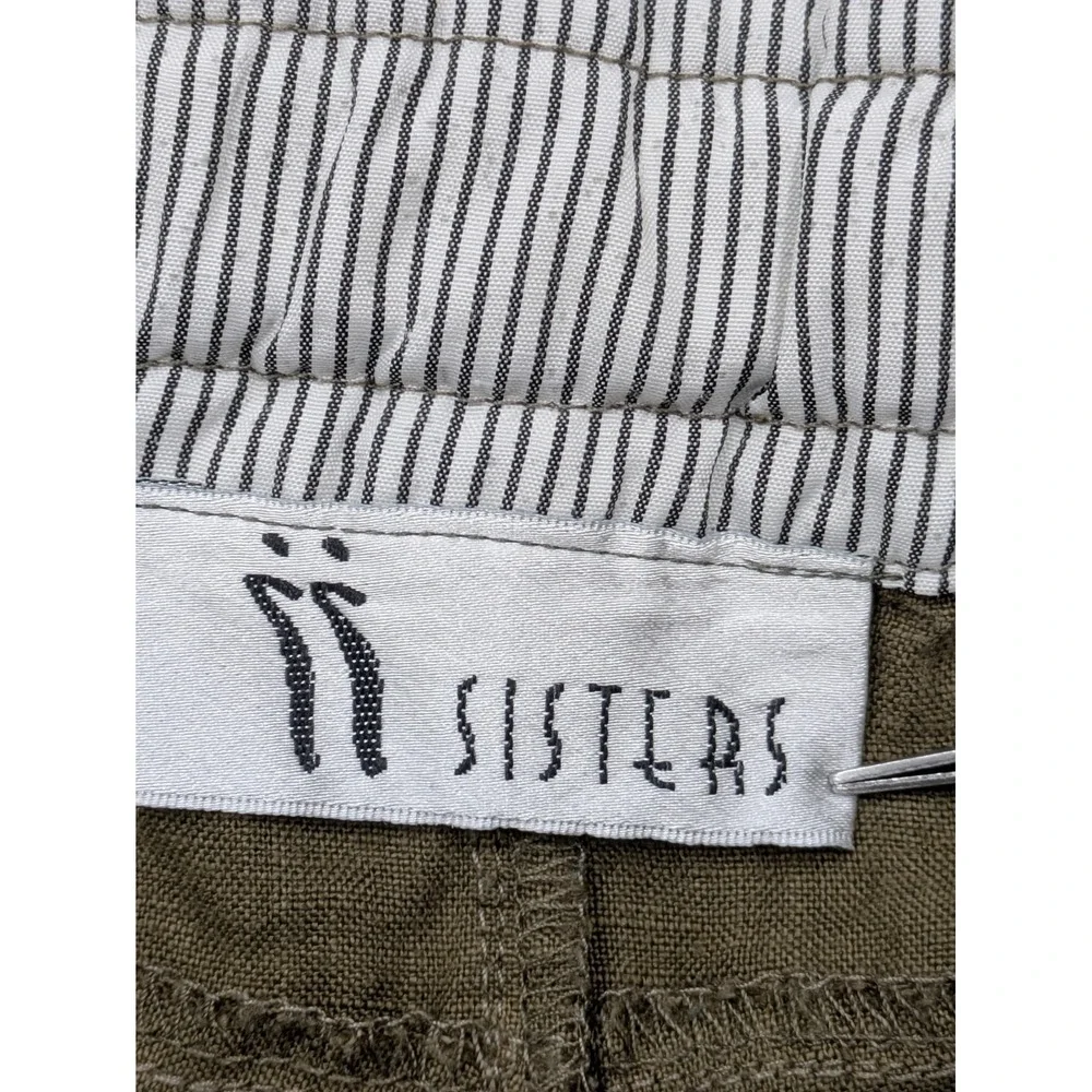 Sisters Pants Womens Large (34x26) Green Linen Wide Leg Cropped Drawstring